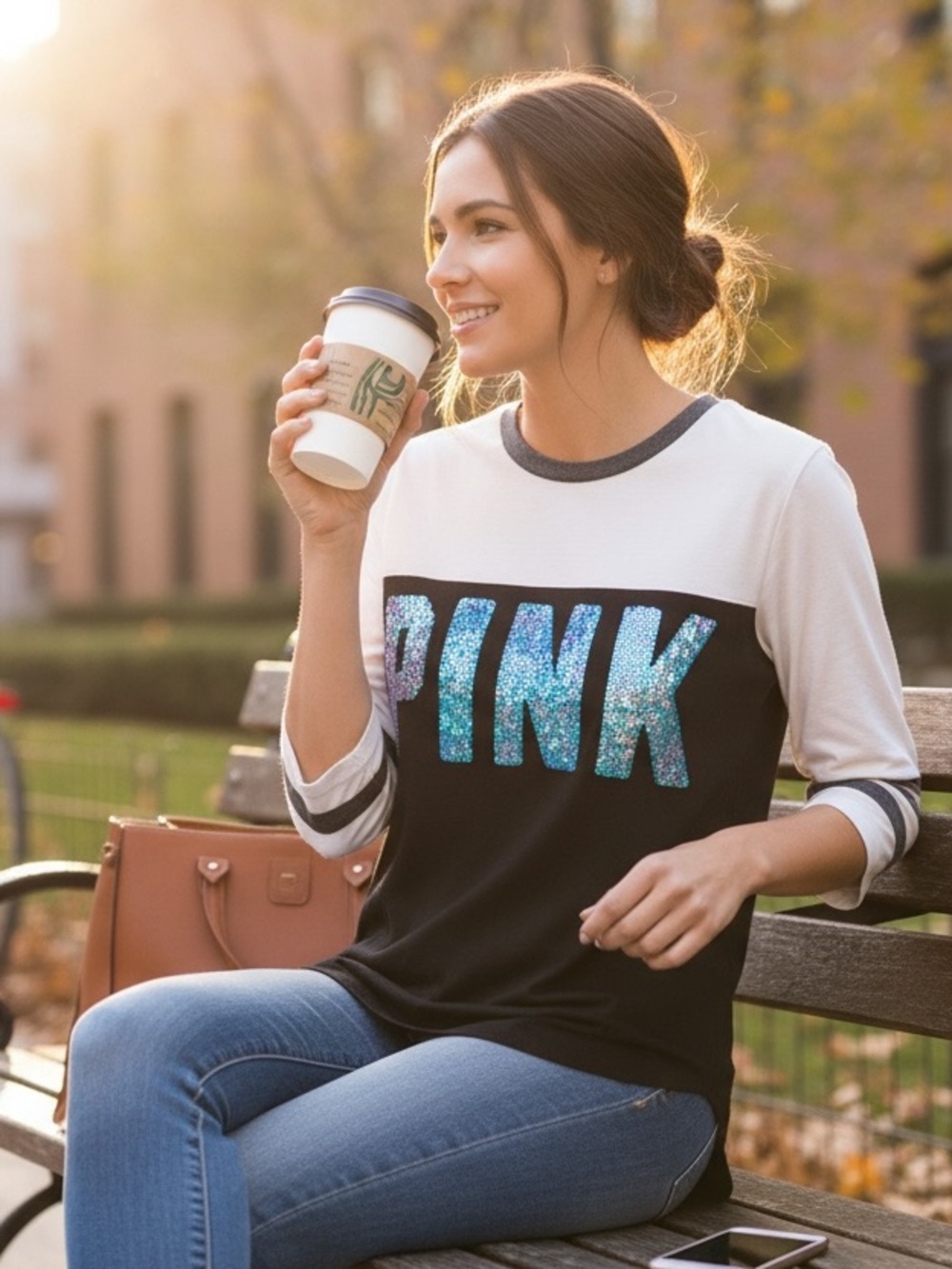 Victoria's Secret PINK Colorblock Mermaid Sequin Baseball Tee Black/White S